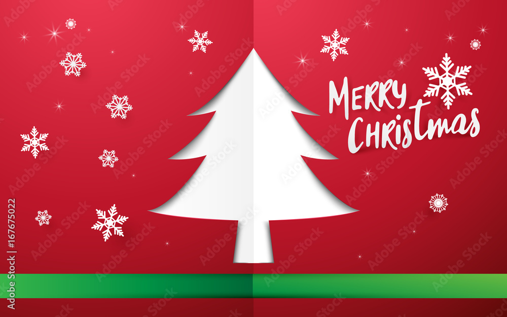Merry Christmas and Happy new year. Christmas tree shape space with snowflakes on red background Merry Christmas and Happy new year. Christmas tree shape space with snowflakes on red background