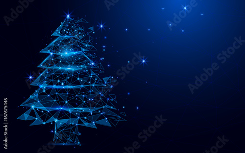 Wireframe A Christmas tree sign mesh from a starry on blue background