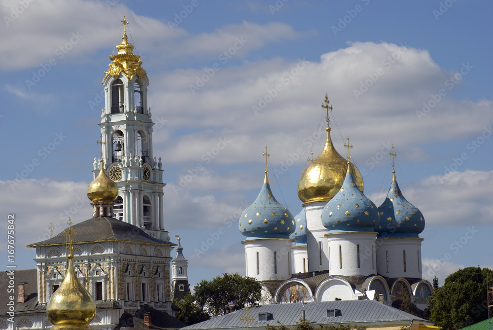 Architecture of Trinity Serguis Lavra, Sergiyev Posad, Russia. UNESCO World Heritage Site. Color photo.
