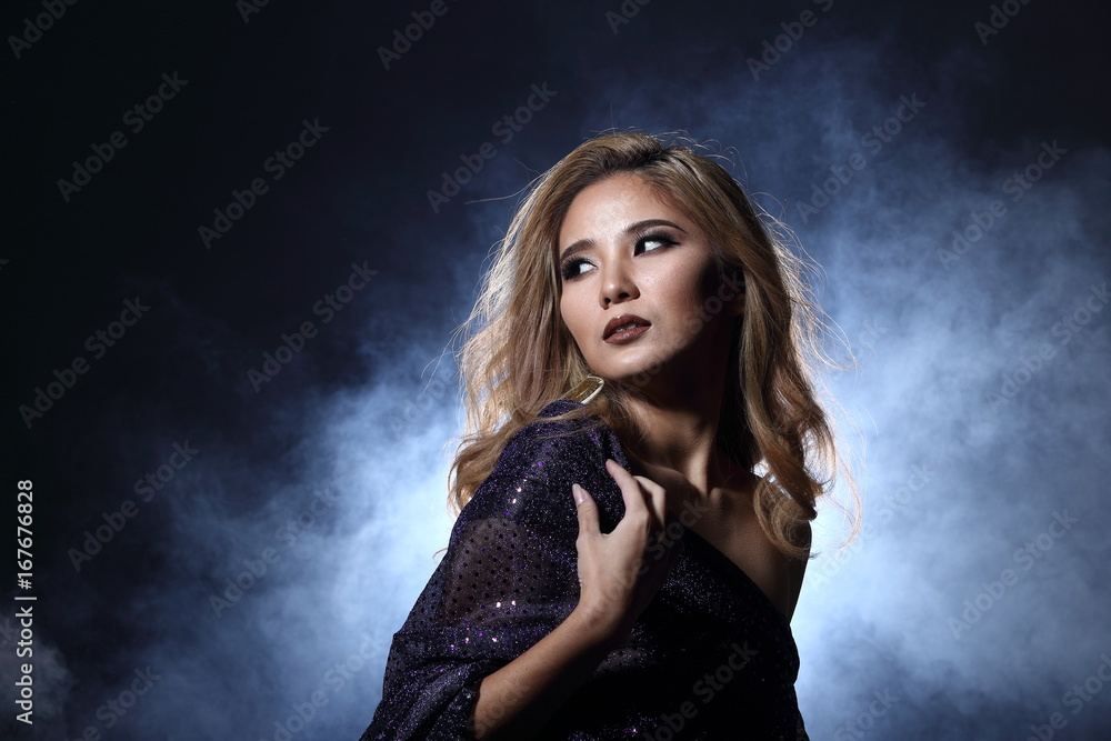 Asian Blonde wave Hair Woman, Portrait open shoulders with purple glitter