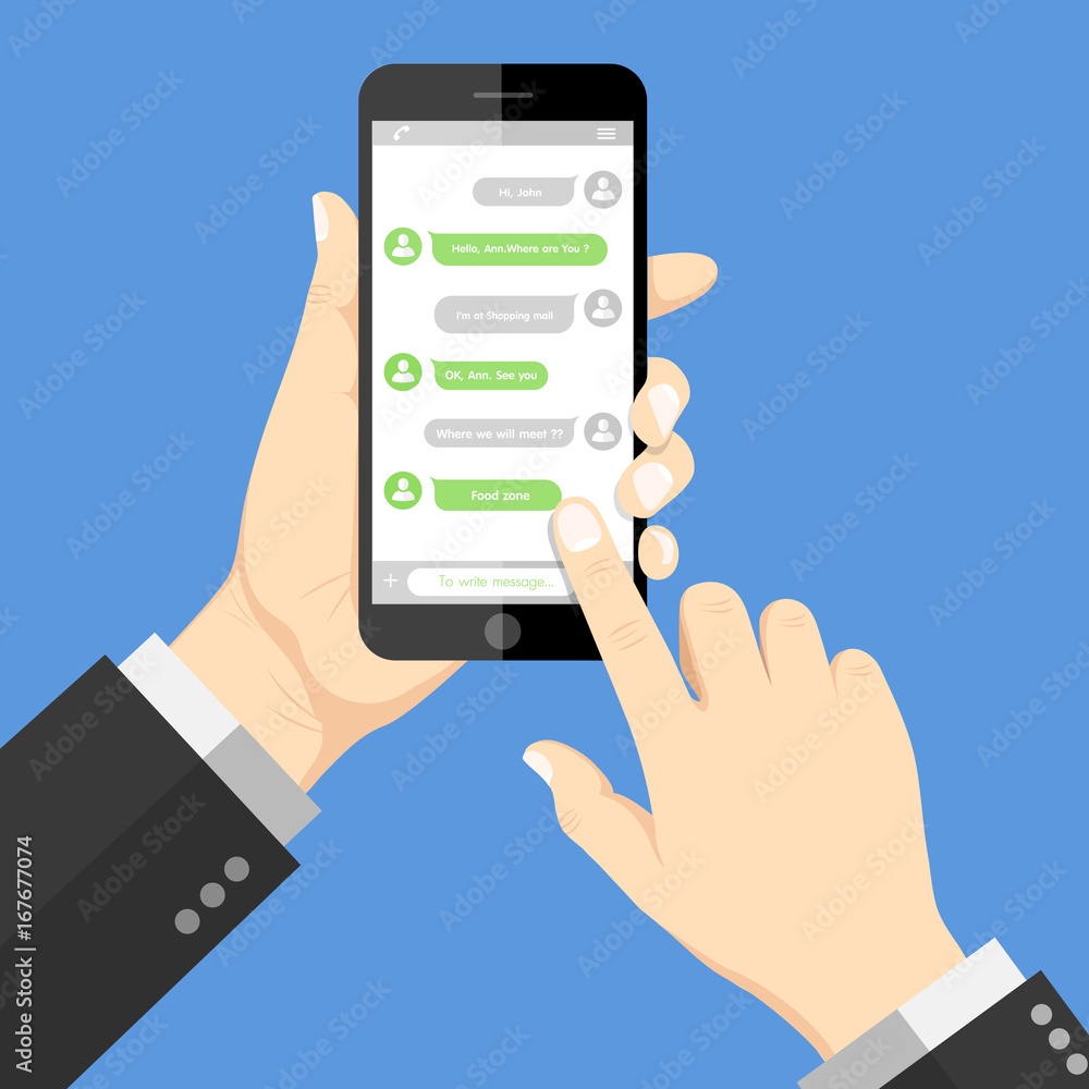 Flat Design style human hand holding the smartphone with chat online application on screen, vector design Element illustration Flat Design style human hand holding the smartphone with chat online application on screen, vector design Element illustration