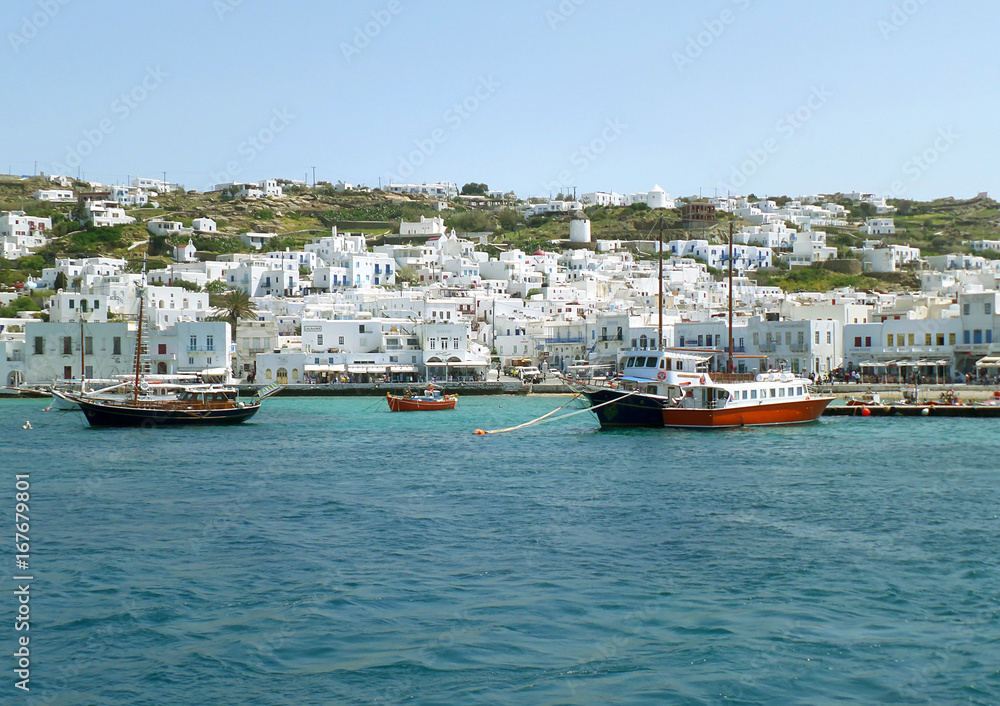 White colored Greek islands architecture on the hillside of Mykonos Old Port, Mykonos island of Greece