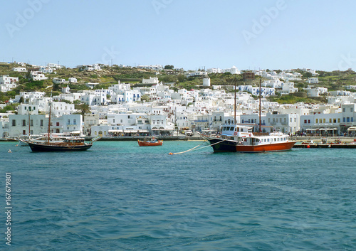 White colored Greek islands architecture on the hillside of Mykonos Old Port, Mykonos island of Greece