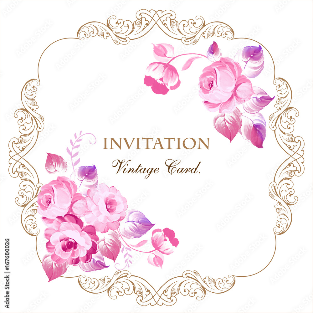 Beautiful frame with pink roses in vintage style on a white background. For wedding cards, invitations