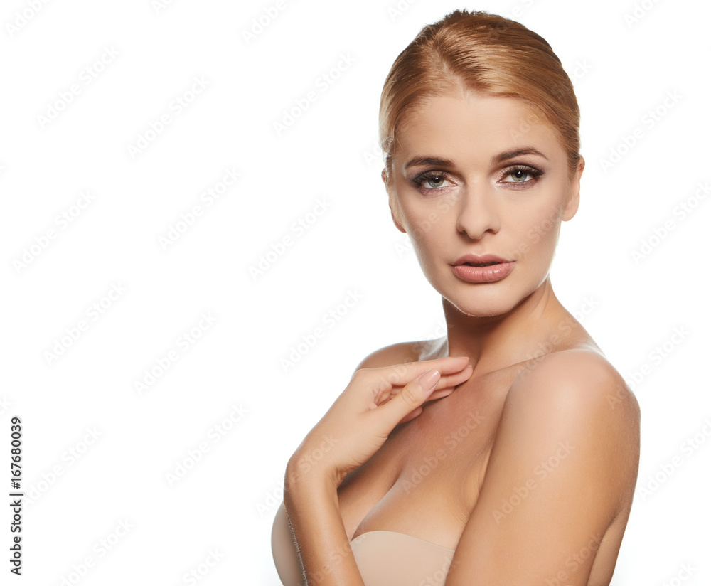 Beautiful Woman Face Portrait Beauty Skin Care Concept Beautiful beauty young female model girl touching her face skin cheeks hands fingers. Fashion Beauty Model isolated on white Beautiful Woman Face Portrait Beauty Skin Care Concept Beautiful beauty young female model girl touching her face skin cheeks hands fingers. Fashion Beauty Model isolated on white