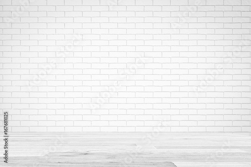 White Brick Wall Texture with white wooden table   Empty Abstract Background for Presentations for Text Composition art image  website  magazine or graphic design.