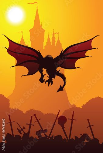 Dragon over the field after battle