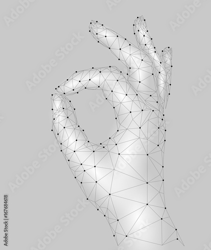 Sign Ok finger signal agreement. 3d low poly model of human hand connected dots point line. White gray color. Pecfect dish chef gesture concept vector illustration