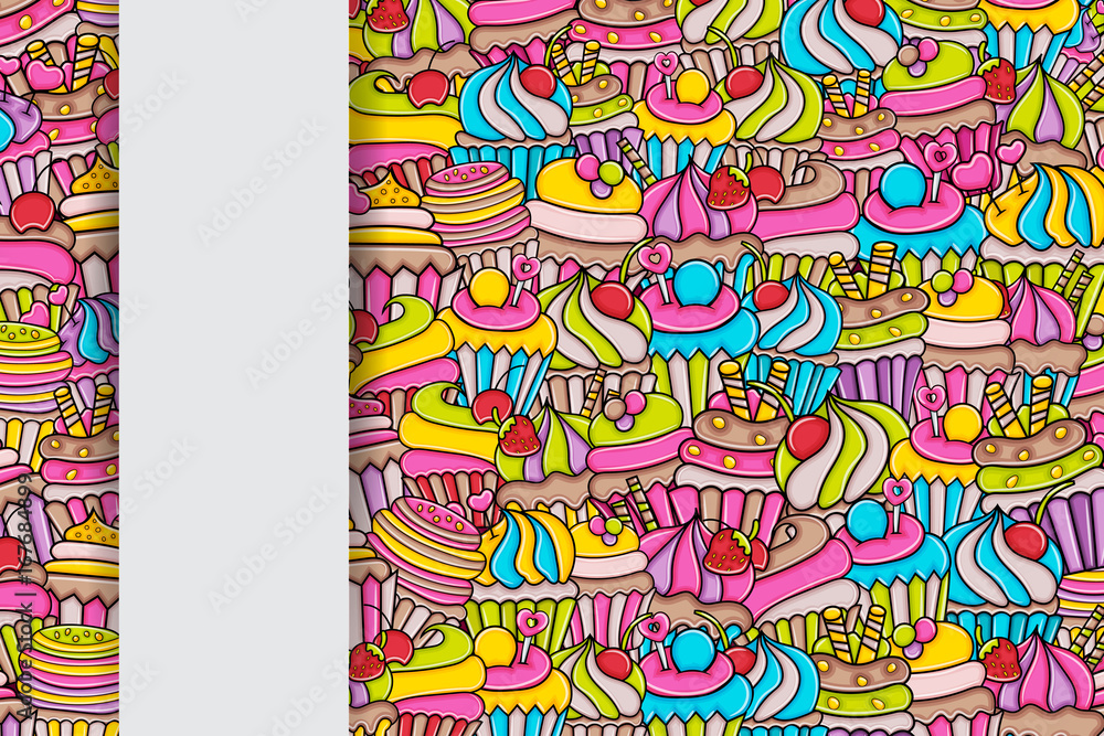 Cupcake cartoon doodle design. Cute background concept for birthday or party greeting card,  advertisement, banner, flyer, brochure. Hand drawn vector illustration. 