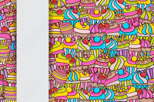 Cupcake cartoon doodle design. Cute background concept for birthday or party greeting card, advertisement, banner, flyer, brochure. Hand drawn vector illustration. 
