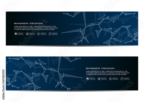 Technological and scientific banners with structure of molecular particles and atom. Polygonal abstract background. Vector illustration.