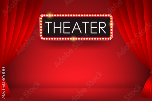 Theater glowing neon text on a electric bulb billboard with red curtain backdrop. Vector illustration.