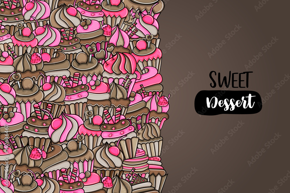 Cupcake cartoon doodle design. Cute background concept for birthday or party greeting card,  advertisement, banner, flyer, brochure. Hand drawn vector illustration.  Pink and brown color.