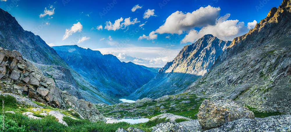 mountain range with valley, mountain lakes and river during sunset, national park in Altai republic, Siberia, Russia