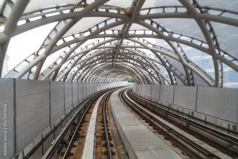 Protective sound barrier wall along elevated train rail line Protective sound barrier wall along elevated train rail line