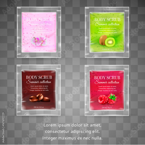 Realistic packaging body scrub.4 fruit cosmetics realistic packages with skin scrub gel.Organic cosmetics body scrub summer collection.Fashion magazine cosmetics advertising,luxury cosmetic