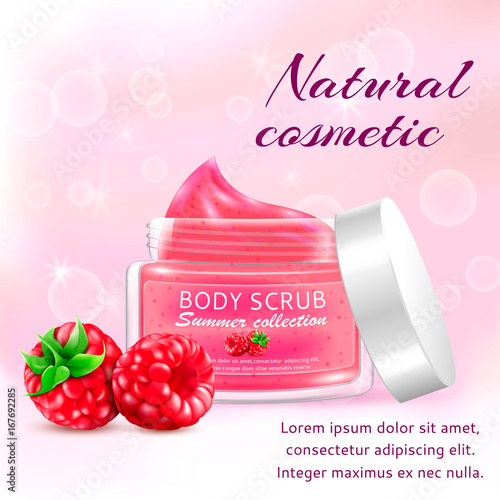 Realistic packaging body scrub,organic cosmetics jar cap.Skin scrub natural cosmetics jar.3d raspberries cream scrub and berries.Fashion magazine cosmetics advertising,luxury cosmetic scrub gel