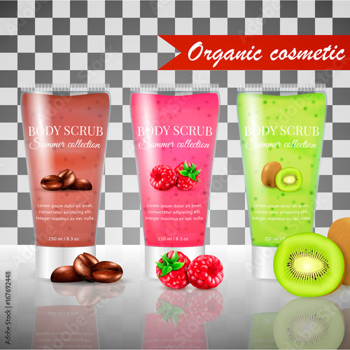 Realistic packaging body scrub.3 fruit cosmetics realistic tubes with skin scrub gel.Organic cosmetics body scrub summer collection.Fashion magazine cosmetics advertising,luxury cosmetic body scrub