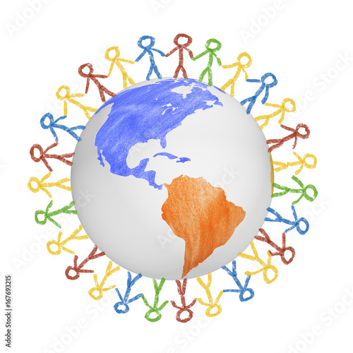 3D Globe with the view on america with drawn people holding hands. Concept for friendship, globalization, communication and diversity.