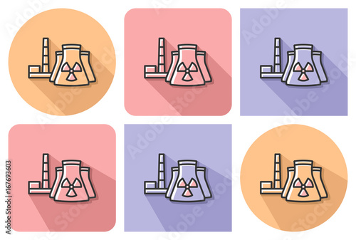 Outlined icon of nuclear power plant  with parallel and not parallel long shadows