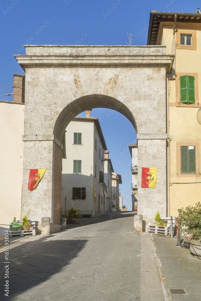 The ancient Porta Rivellini which gives access to the historic center of Chianciano Terme, Siena, Tuscany, Italy