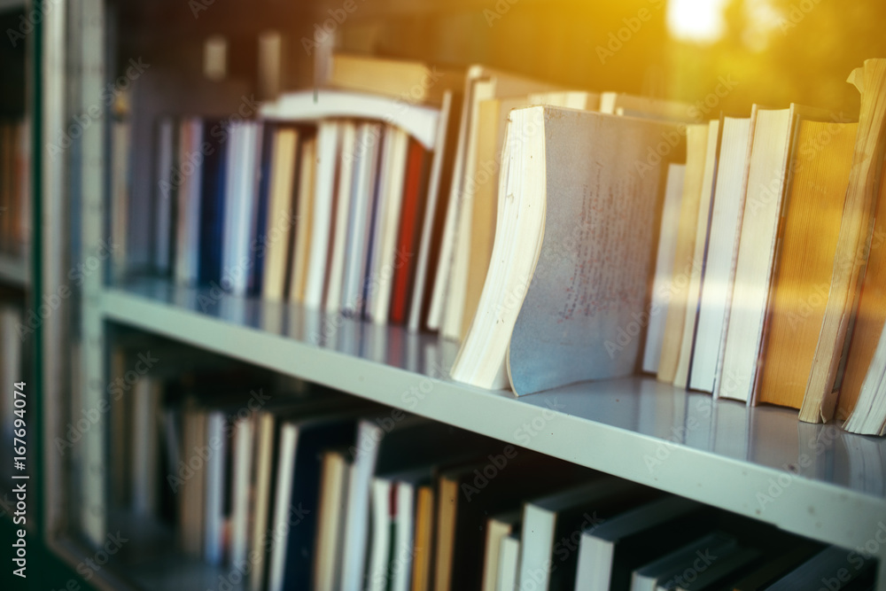 Obraz premium Books on library shelf through window