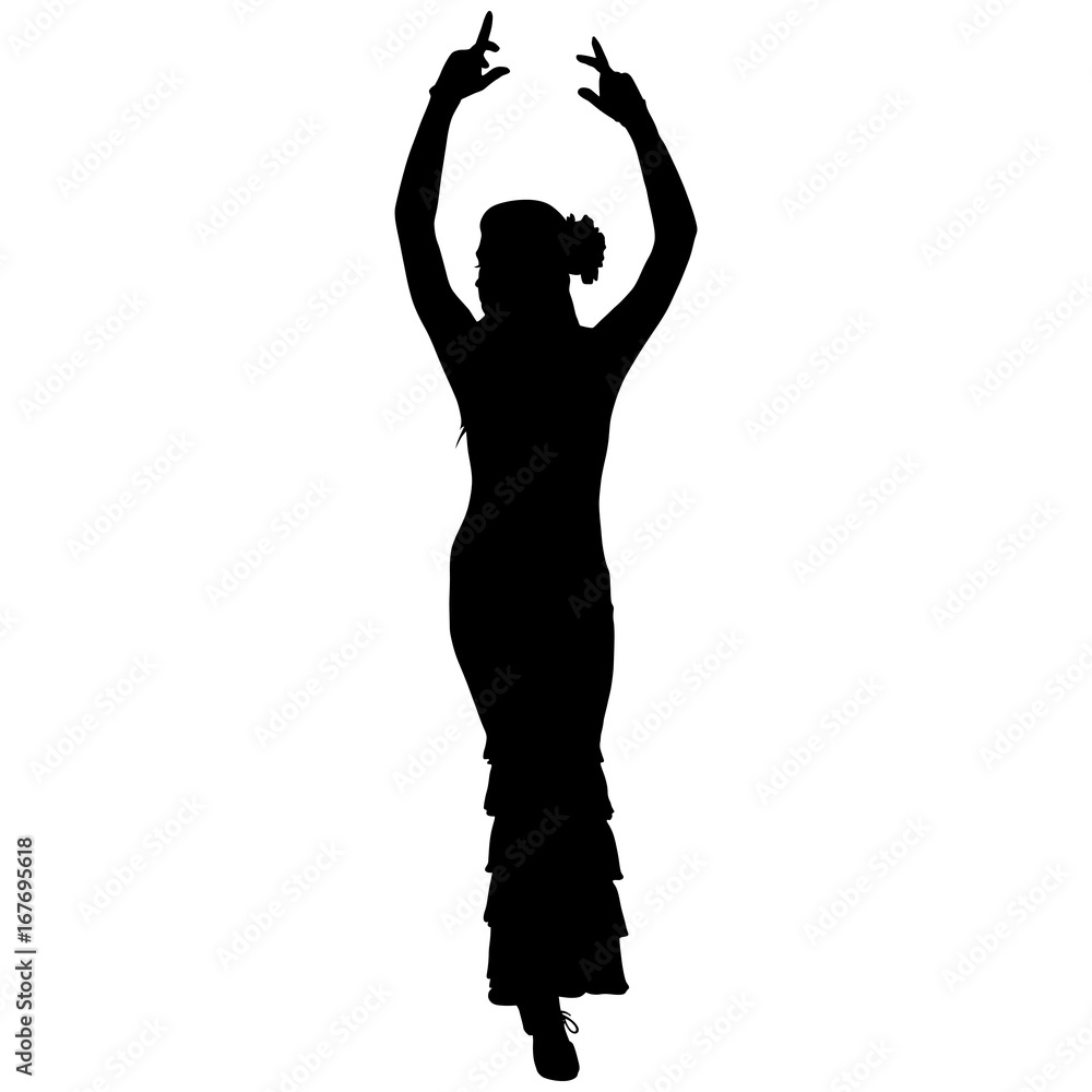 One black silhouette of female flamenco dancer One black silhouette of female flamenco dancer