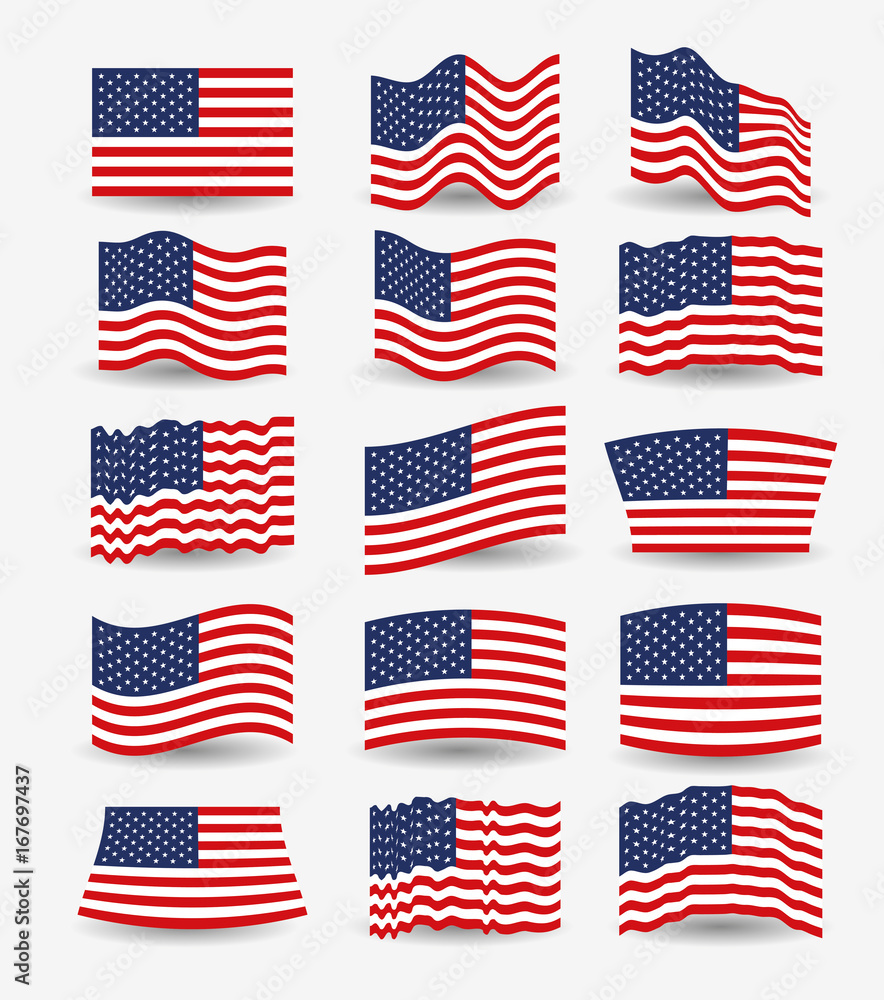 white background of colorful set flags united states of america different design white background of colorful set flags united states of america different design