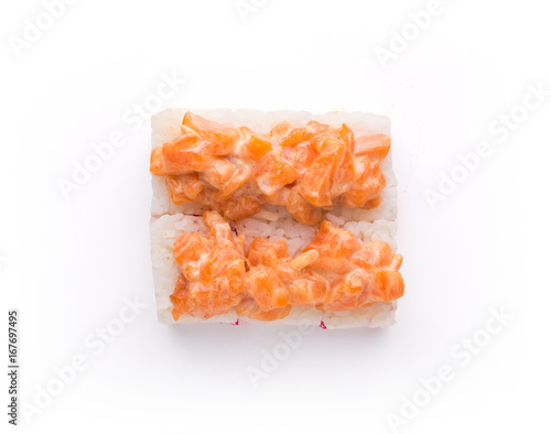 Set of rolls with soft cheese and salmon on top, isolated