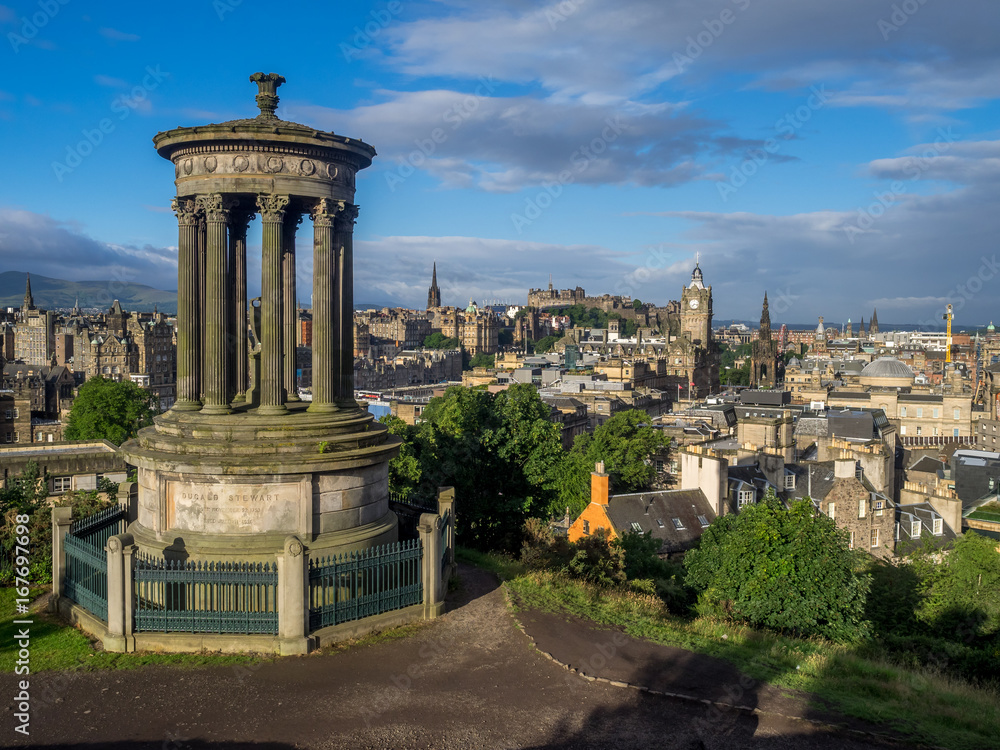 Edinburgh city skyline viewed from Calton Hill, Scotland, United Kingdom.