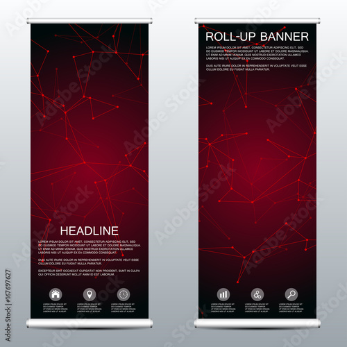 Roll up banner for presentation and publication. Medicine, science, technology and business templates. Structure of molecular particles and atom. Polygonal abstract background. Vector illustration