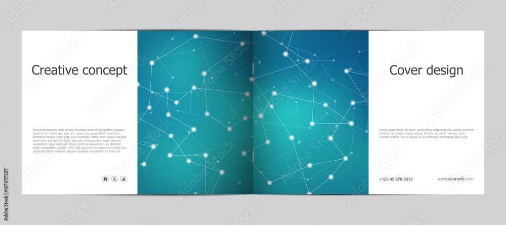Fototapeta premium Rectangle brochure template layout, cover, annual report, magazine in A4 size with molecular background. Vector illustration