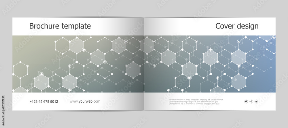 Rectangle brochure template layout, cover, annual report, magazine in A4 size with molecular background. Vector illustration