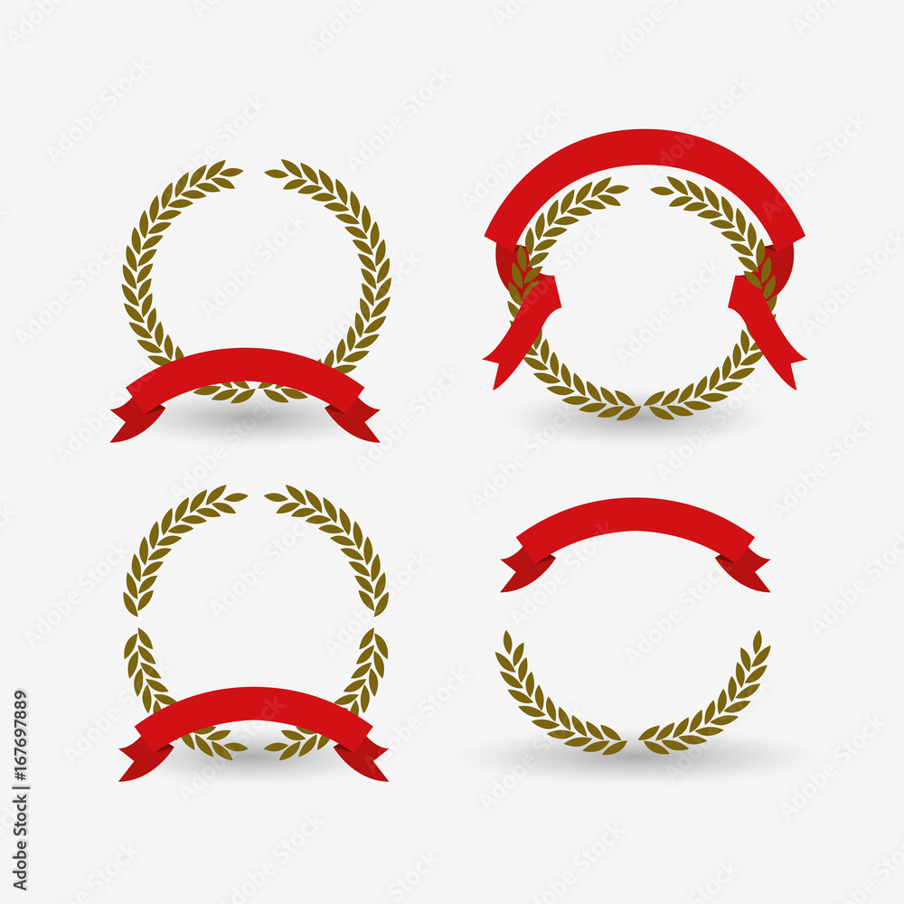white background of colorful set crown of olive branches with red ribbon tape white background of colorful set crown of olive branches with red ribbon tape