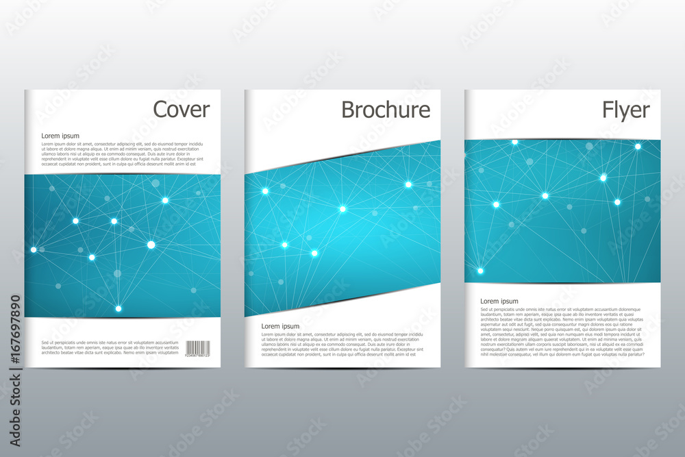Fototapeta premium Brochure template layout, flyer, cover, annual report, magazine in A4 size. Structure of molecular particles and atom. Polygonal abstract background. Vector illustration.