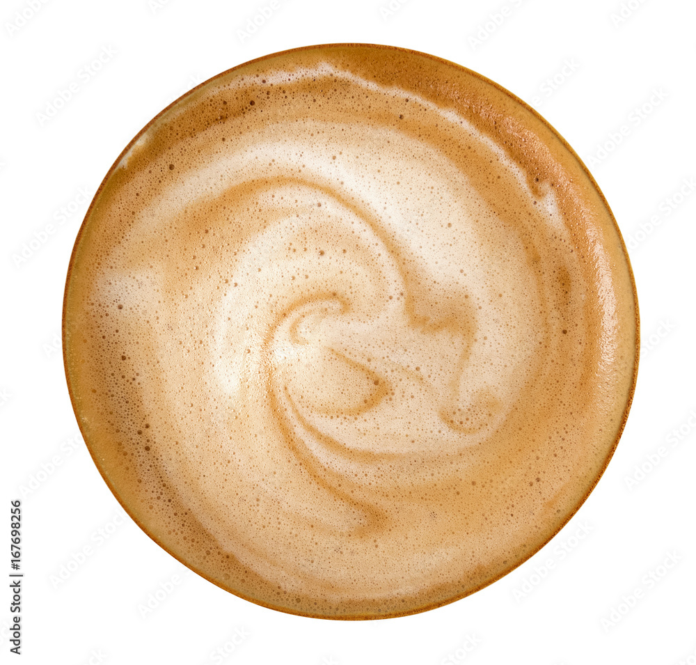 Fototapeta premium Top view of hot coffee latte cappuccino spiral foam isolated on white background, clipping path included