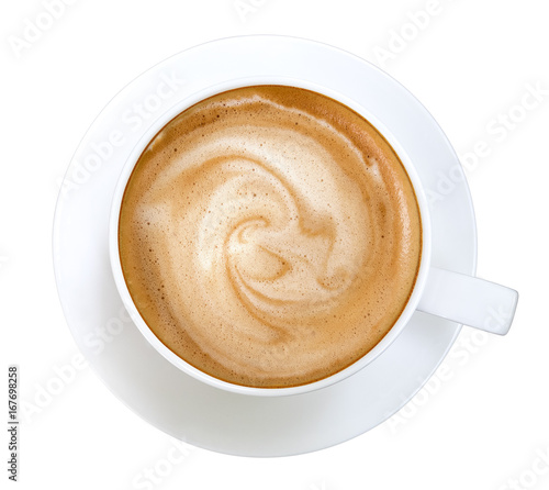 Top view of hot coffee latte cappuccino spiral foam isolated on white background, clipping path included photo