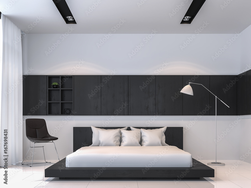 Modern black and white bedroom interior minimal style 3d rendering ...