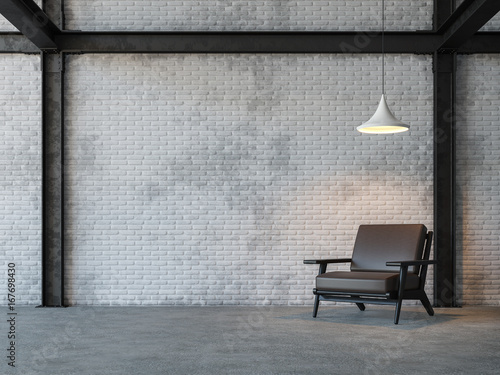 Loft style living room 3d rendering image.There are white brick wall,polished concrete floor and black steel structure.Furnished with dark brown leather armchair photo