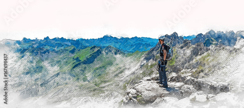 Obraz na płótnie Panorama sztandar alpinisty na szczycie