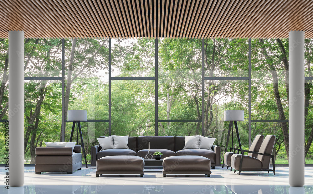 Fototapeta premium Modern living room interior with garden view 3d rendering image.There are white floor,wood lattice ceiling and large window overlooking the surrounding garden and nature