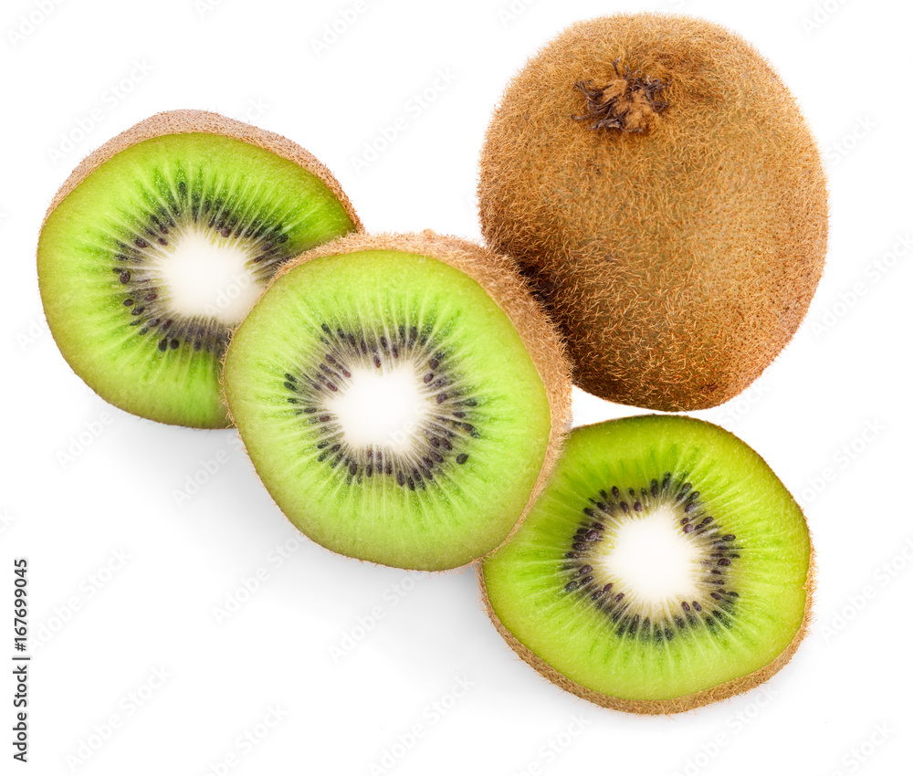 Obraz premium Ripe whole kiwi fruit and half kiwi fruit isolated on white background