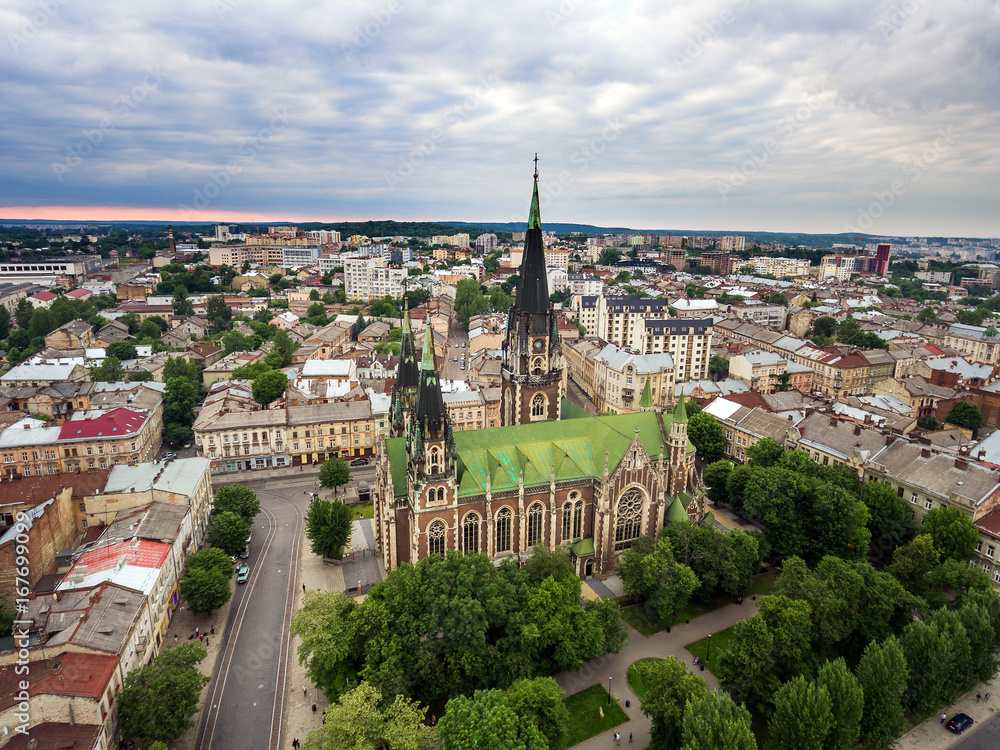Aerial view of the Church Of St. Elizabeth In Lviv, Ukraine