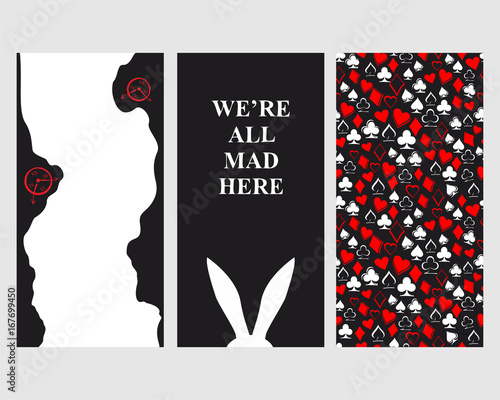Alice in Wonderland. Set of card. Playing card suits: worms, bubi, christen, peaks on white background. Seamless pattern. White rabbit and rabbit's hole . We are all mad here. Vector illustration