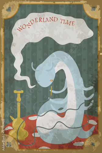 Postcard with character of Wonderland. Blue wonderland caterpillar Absolem smoking  hookah on mushroom. The inscription Wonderland time. Vector poster, card in vintage style