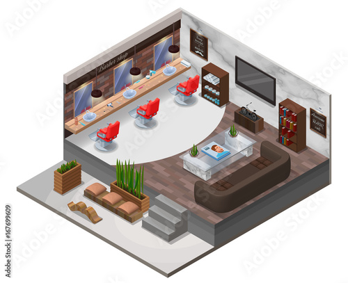 Isometric barber shop interior, hipster hair salon design with modern wooden furniture, marble wall, barbershop chair, sofa, terrarium plant, bicycle, hairdresser accessories, beauty studio layout
