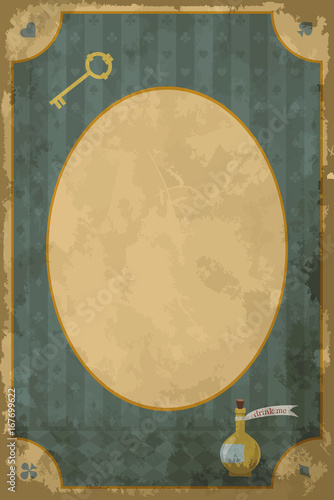 Postcard of Wonderland. Oval frame on vintage pattern. Template for design, place for text.Vector poster, card in vintage style