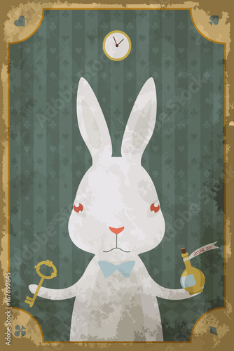 Postcard with character of Wonderland. White rabbit with  key and clock. Vector poster, card in vintage style