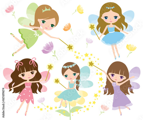 Vector set of little fairies in colorful dress with watercolor wings, magic wand and flowers.