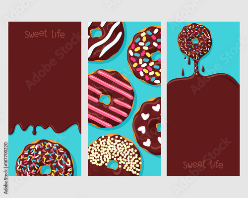Set of three posters of donuts: donut dripping frosting, donuts with different toppings, and icing flowing down on chocolate donuts 